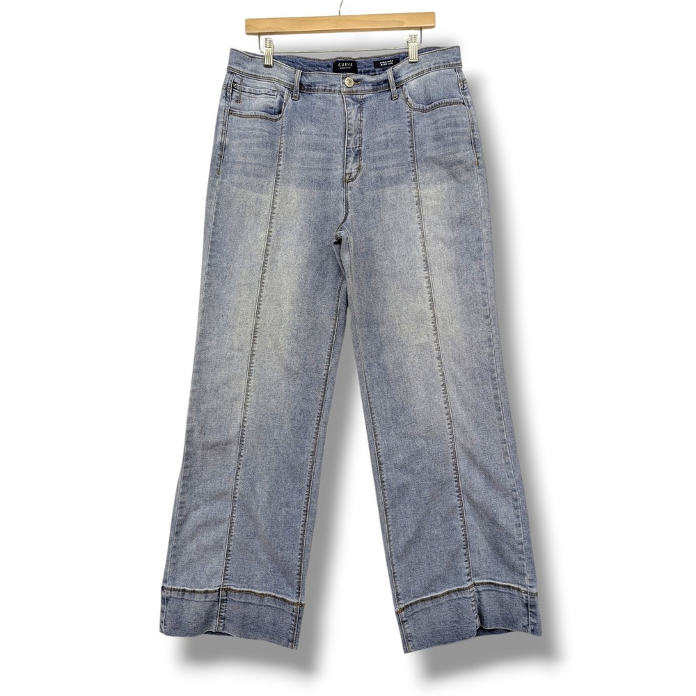 Curve Appeal High Rise Wide Leg Jeans Light Wash Blue Seam Detail Size 14/32